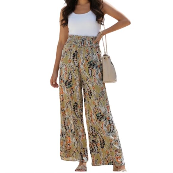 Multicolor Floral Print Shirred High Waist Wide Leg Casual Pants - Picture 4 of 4